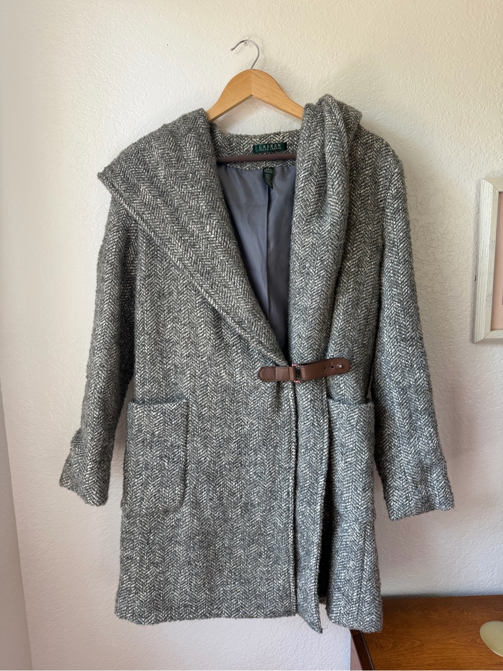 Lauren Ralph Lauren Gray Herringbone Wool Blend Hooded Coat